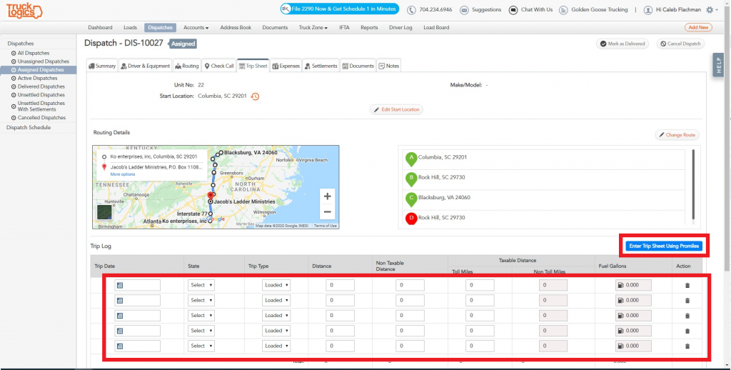 Trucklogics trucking management system for logging deadhead miles