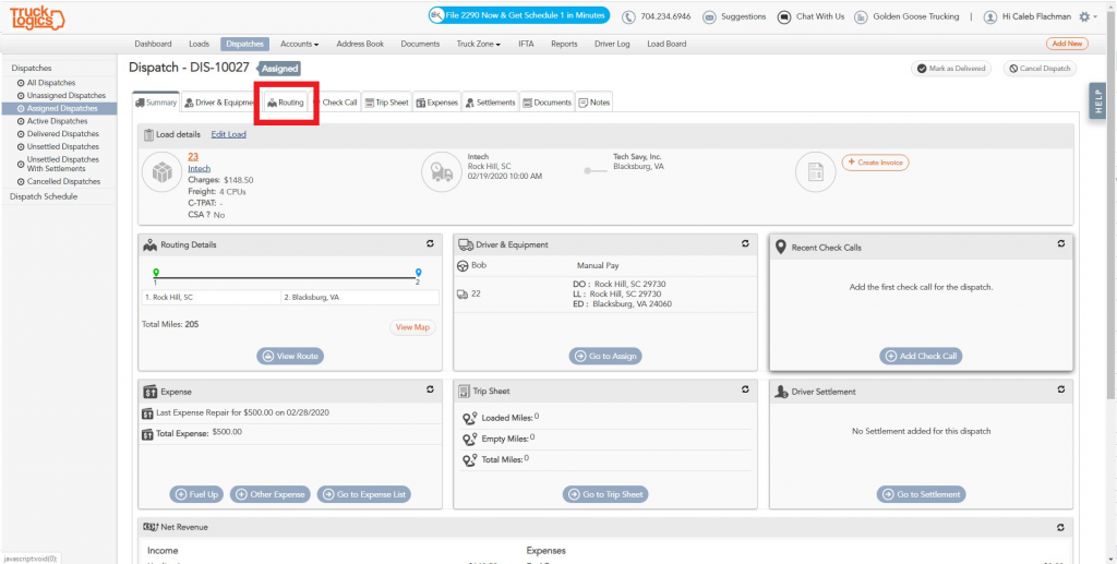 Trucklogics trucking management system for logging deadhead miles