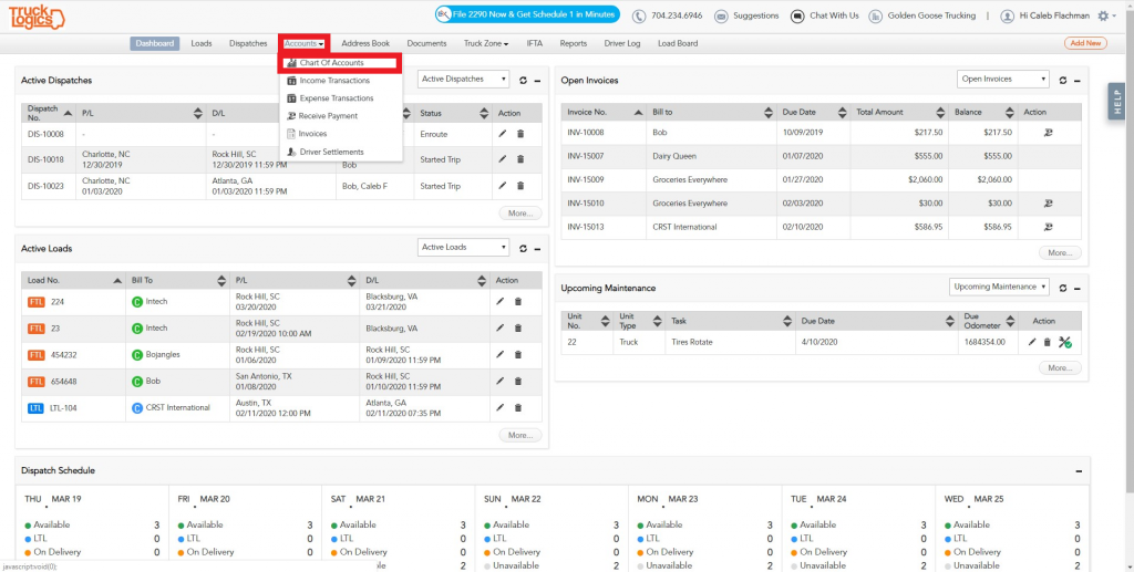 Chart of accounts in Trucking management software