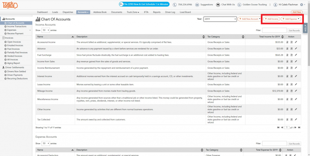 Chart of accounts in Trucking management software