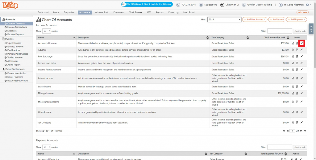 Chart of accounts in Trucking management software