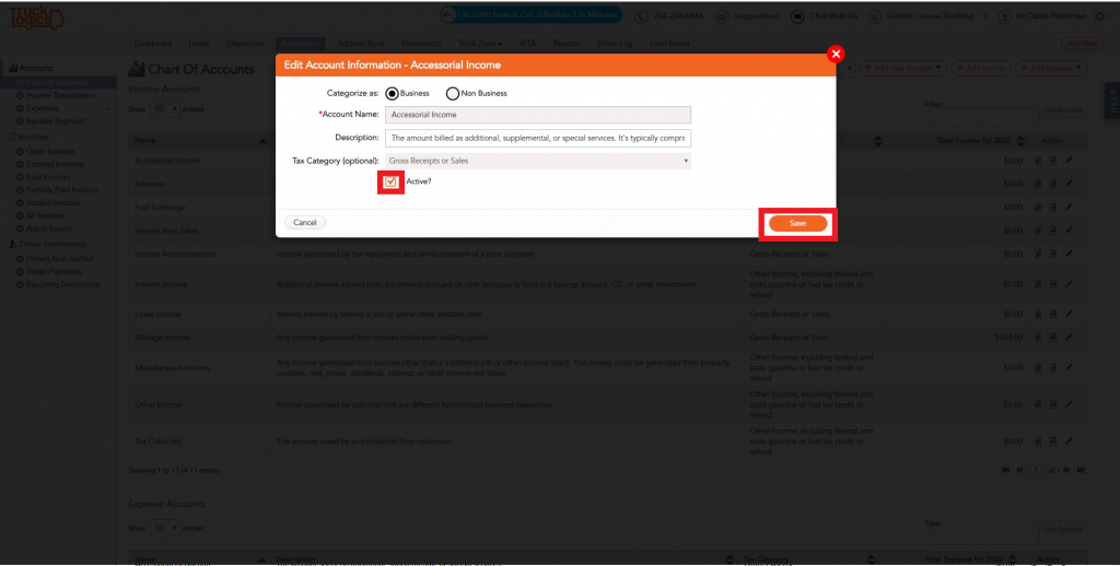 Chart of accounts in Trucking management software