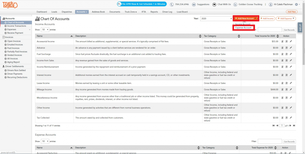 Chart of accounts in Trucking management software