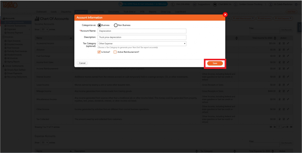 Chart of accounts in Trucking management software