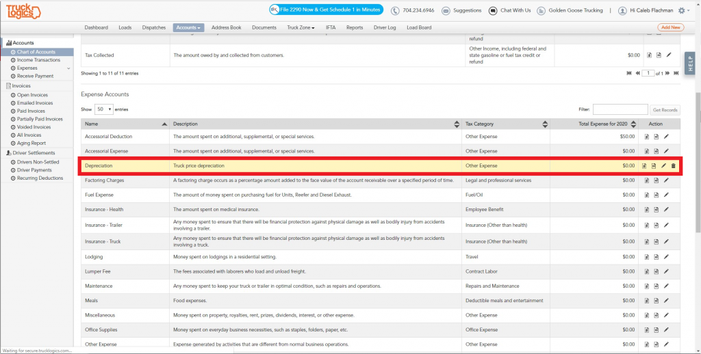 Chart of accounts in Trucking management software